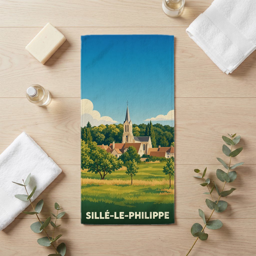 Serviette de bain souvenir de la ville de Sillé-le-Philippe avec une illustration stylisée.
