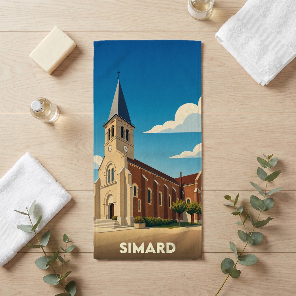 Serviette de bain souvenir de la ville de Simard illustrée par un dessin stylisé de son église.