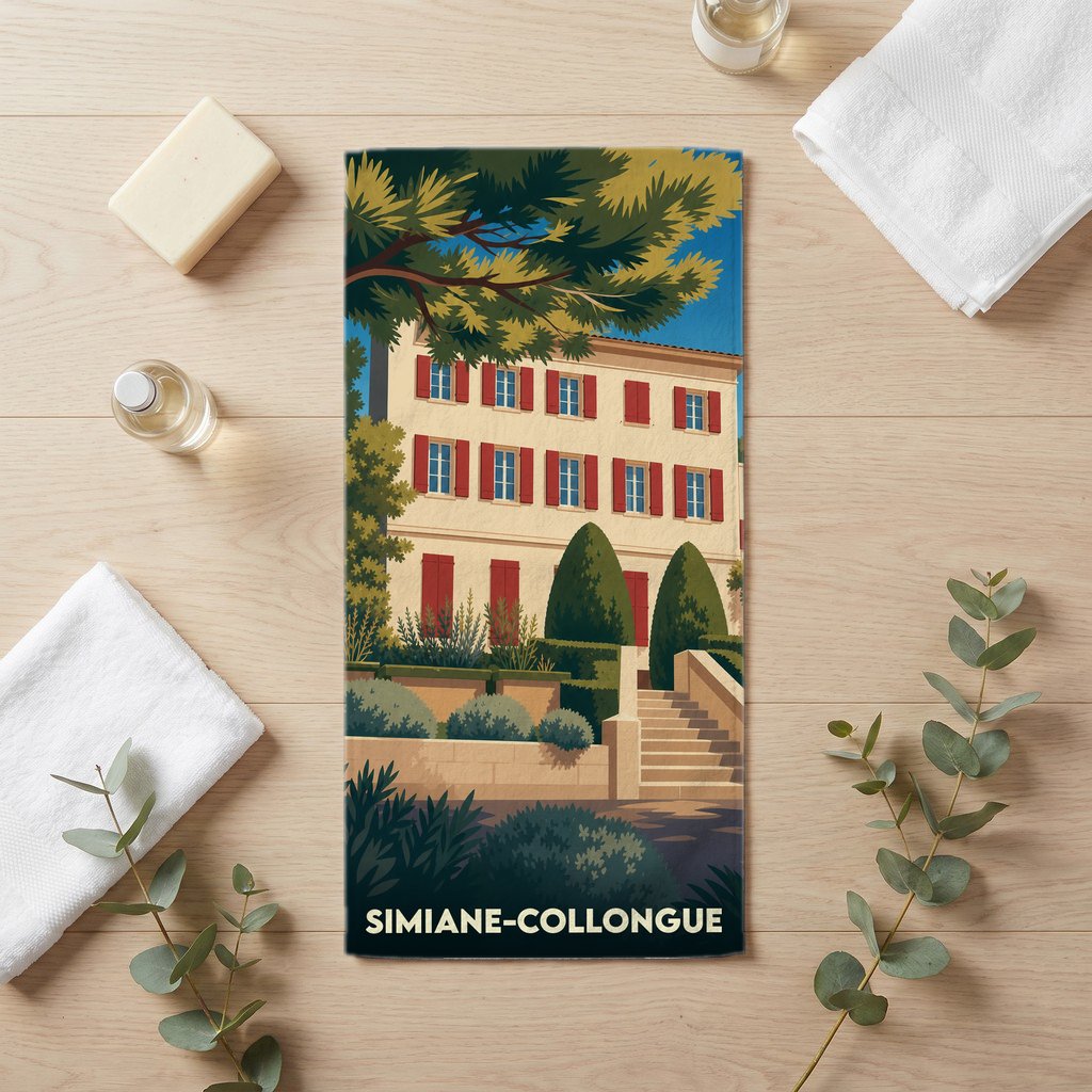 Serviette de bain souvenir de la ville de Simiane-Collongue illustrée d'une bastide provençale et de son jardin.