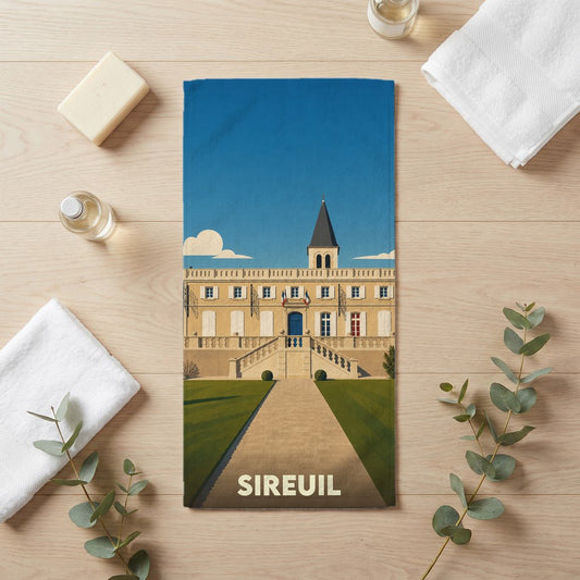 Serviette de bain souvenir de la ville de Sireuil avec une illustration stylisée.