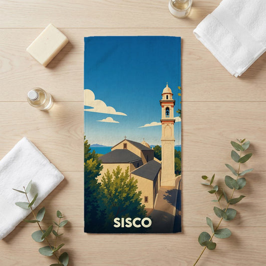 Serviette de bain souvenir de la ville de Sisco avec une illustration stylisée de son église.