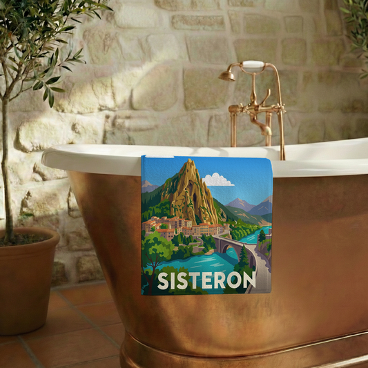 Serviette de bain souvenir de la ville de Sisteron avec une illustration stylisée.
