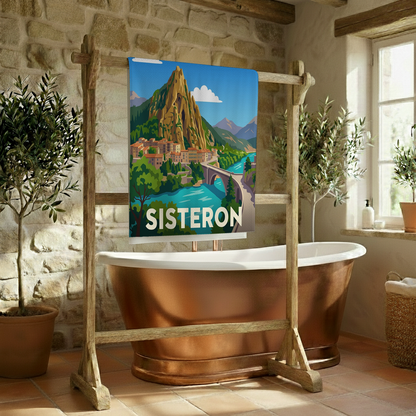 Serviette de bain souvenir de la ville de Sisteron avec une illustration stylisée.
