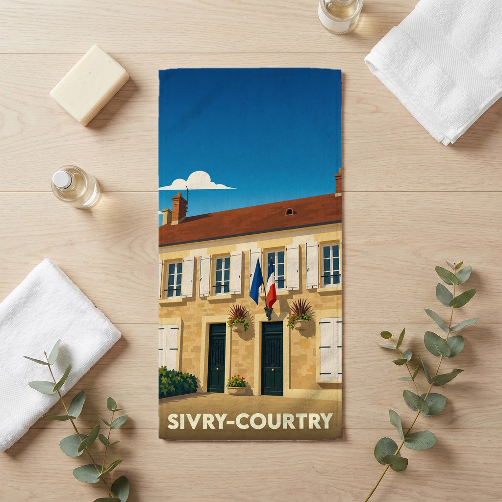 Serviette de bain souvenir de la ville de Sivry-Courtry avec une illustration stylisée d'un bâtiment typique.