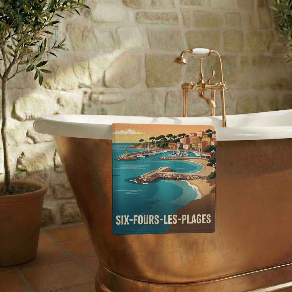 Serviette de bain souvenir de la ville de Six-Fours-les-Plages avec une illustration stylisée.