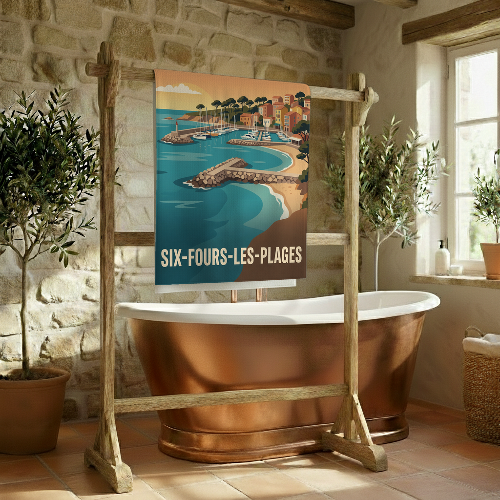 Serviette de bain souvenir de la ville de Six-Fours-les-Plages avec une illustration stylisée.