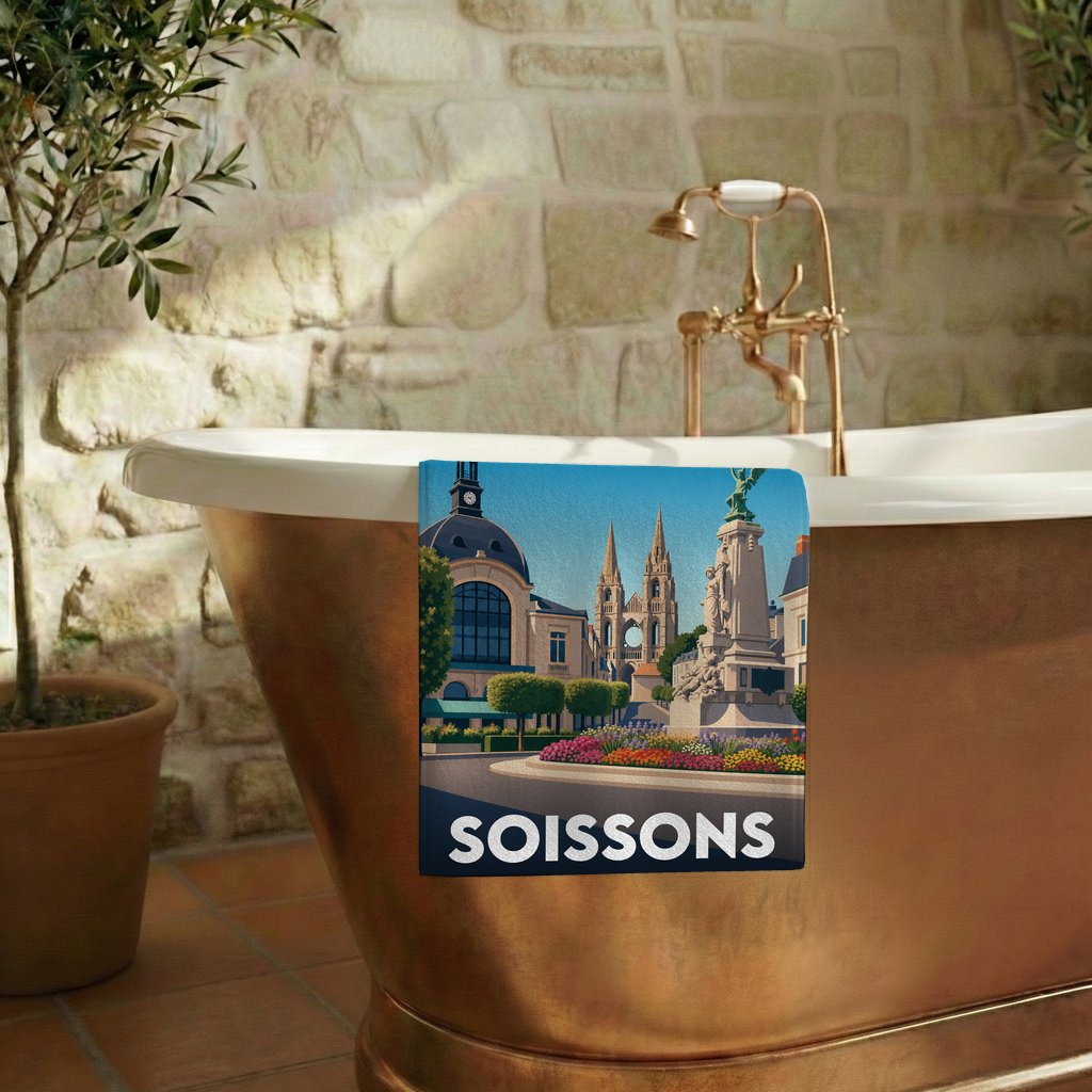 Serviette de bain souvenir de la ville de Soissons avec une illustration stylisée.
