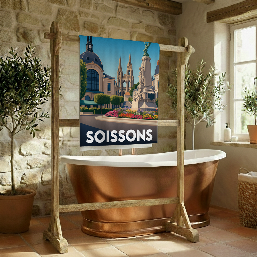 Serviette de bain souvenir de la ville de Soissons avec une illustration stylisée.