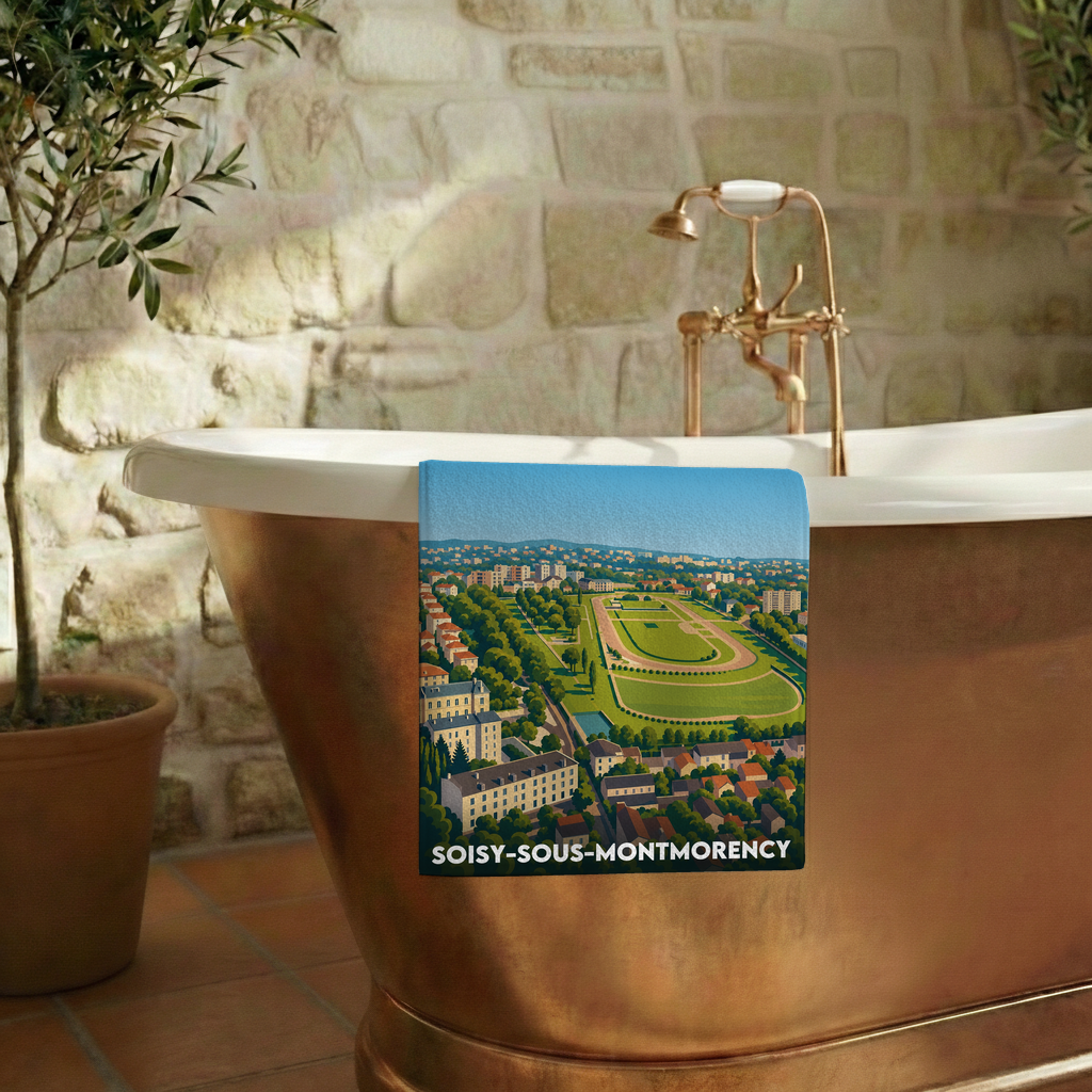 Serviette de bain souvenir de la ville de Soisy-sous-Montmorency avec une illustration stylisée.