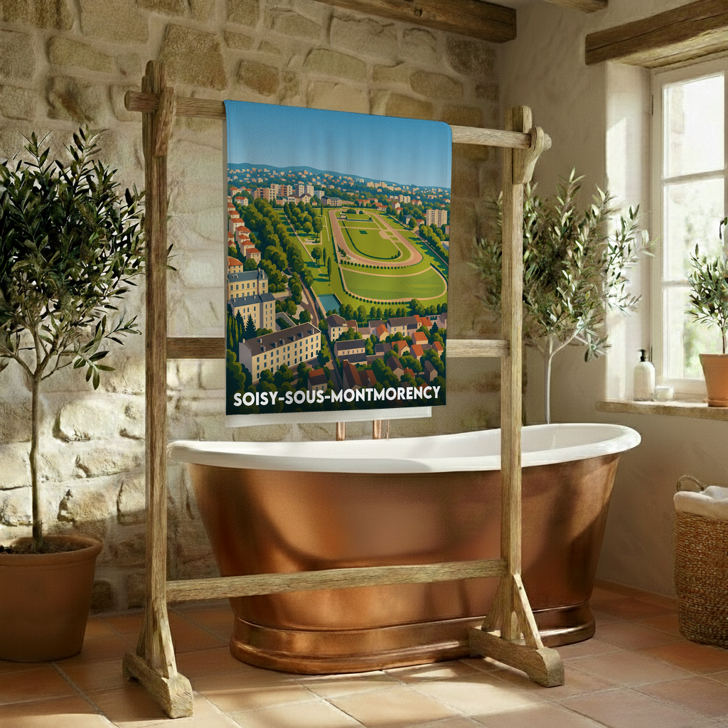 Serviette de bain souvenir de la ville de Soisy-sous-Montmorency avec une illustration stylisée.