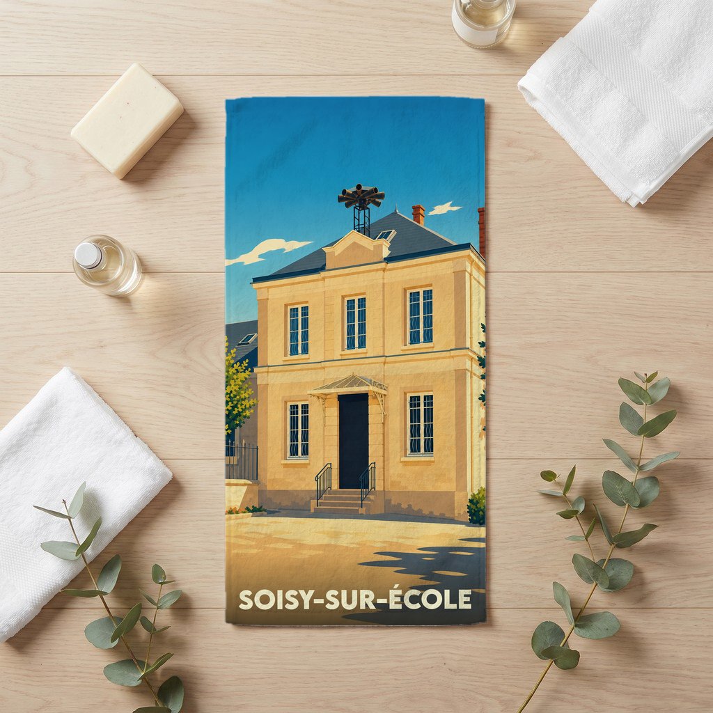 Serviette de bain souvenir de la ville de Soisy-sur-École avec une illustration stylisée d'un bâtiment historique.