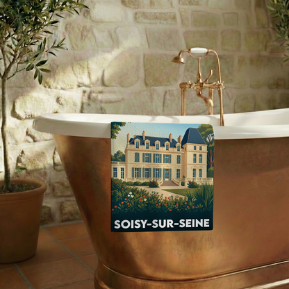 Serviette de bain souvenir de la ville de Soisy-sur-Seine avec une illustration stylisée d'un château.