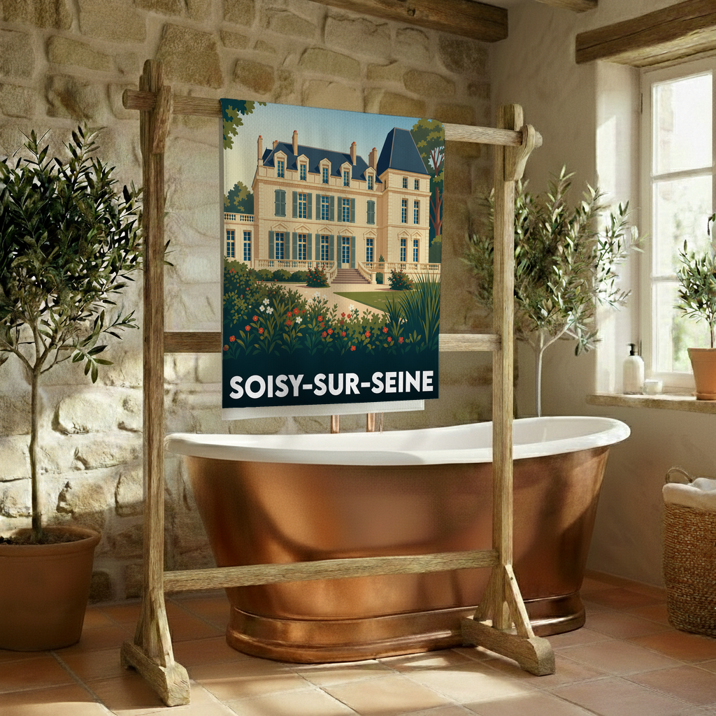Serviette de bain souvenir de la ville de Soisy-sur-Seine avec une illustration stylisée de château.