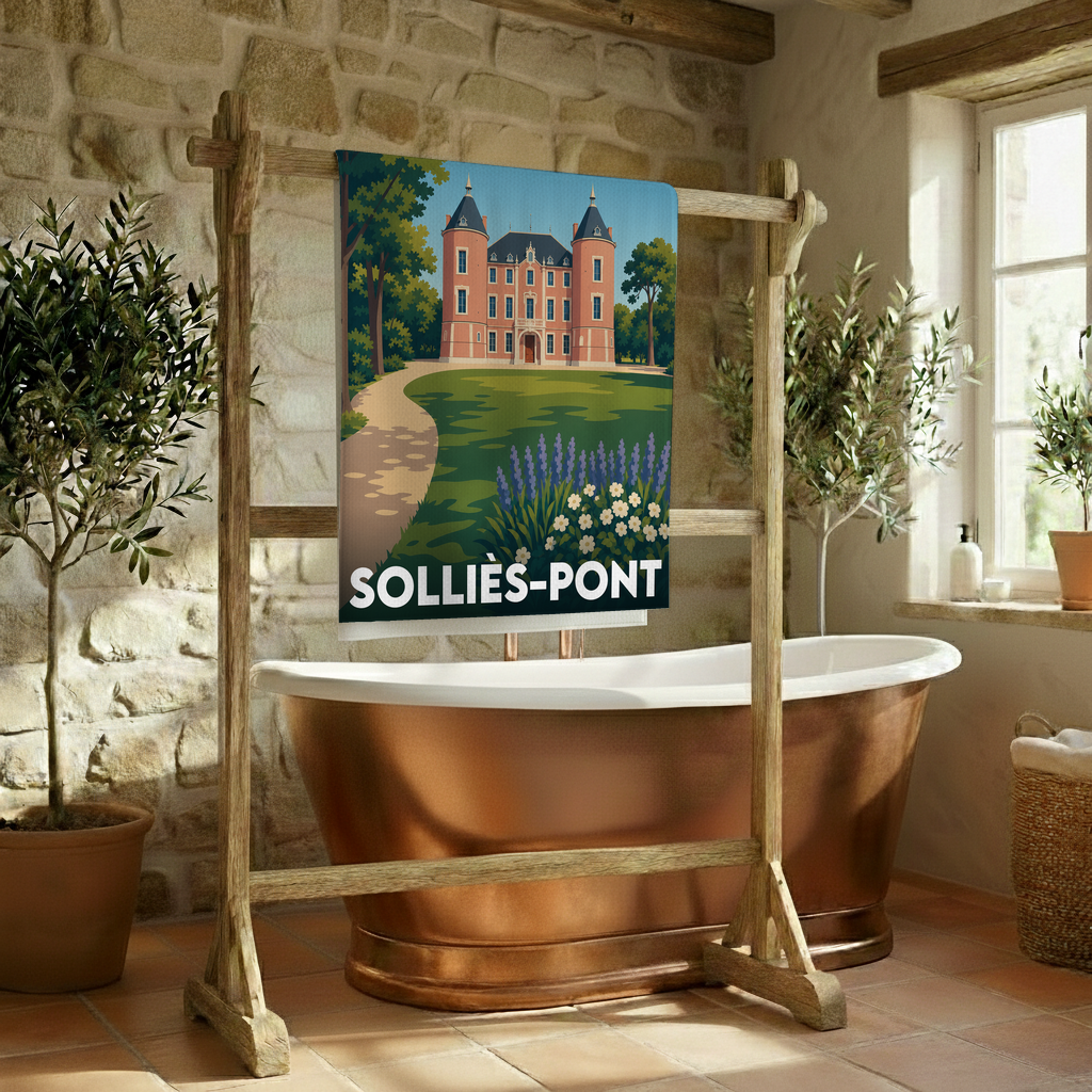 Serviette de bain souvenir de la ville de Solliès-Pont avec une illustration stylisée de son château.