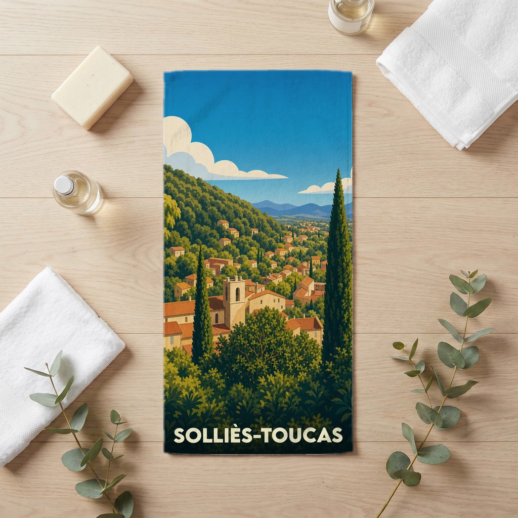Serviette de bain souvenir de la ville de Solliès-Toucas avec une illustration stylisée de son paysage provençal.