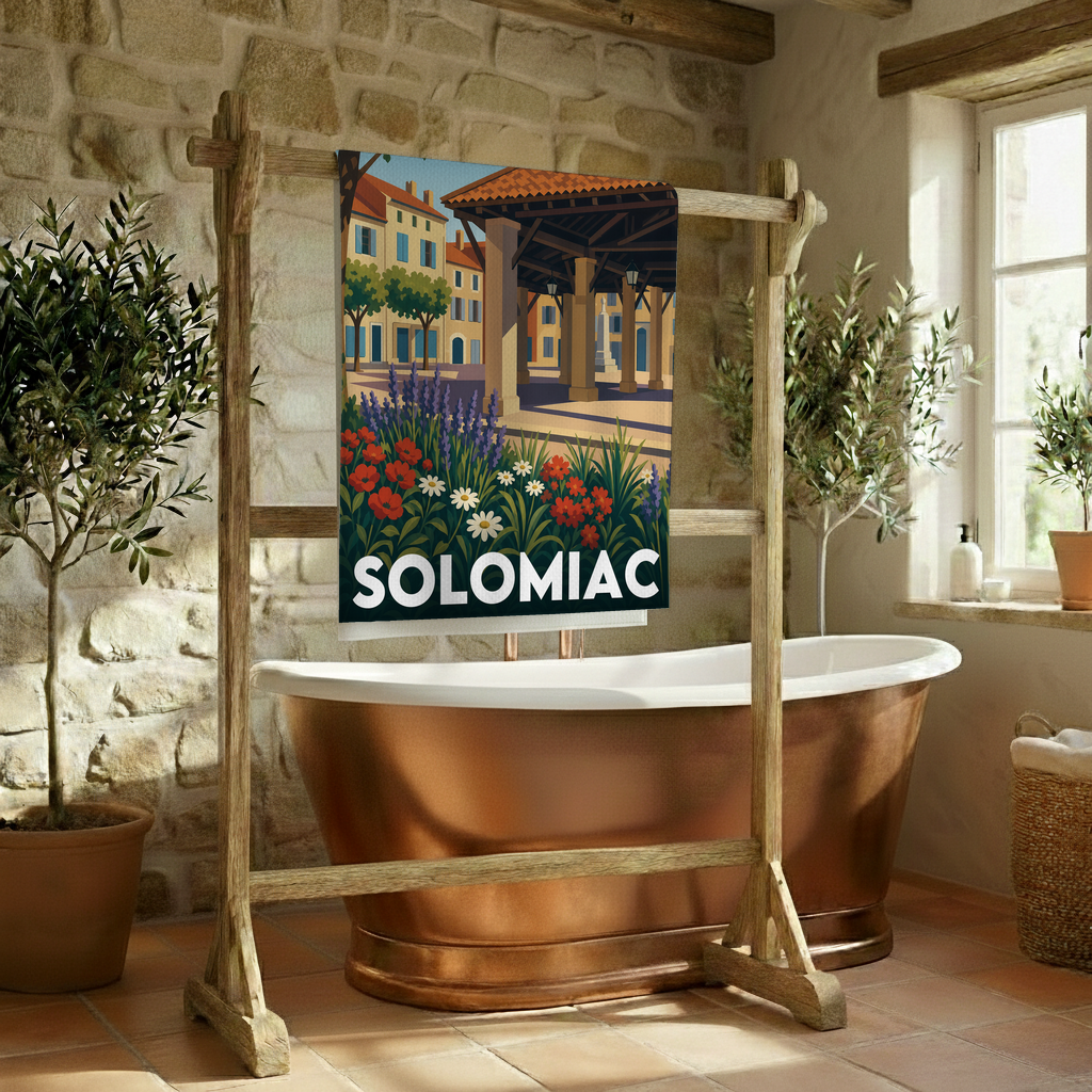 Serviette de bain souvenir de la ville de Solomiac avec une illustration stylisée.