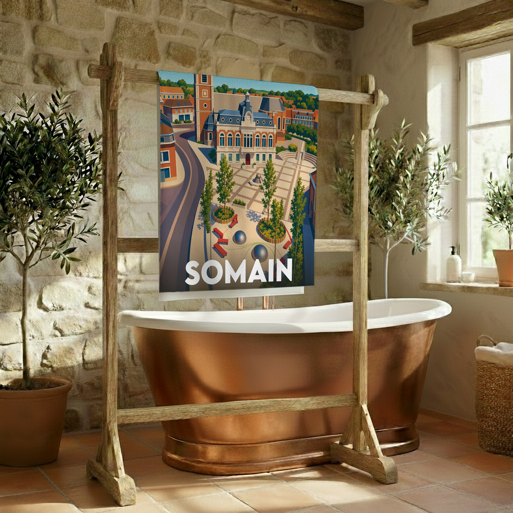 Serviette de bain souvenir de la ville de Somain avec une illustration stylisée.