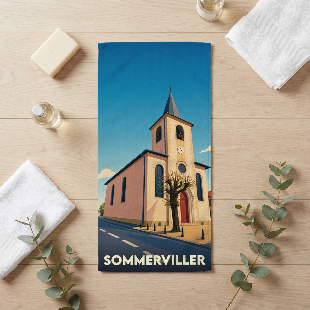 Serviette de bain souvenir de la ville de Sommerviller avec une illustration stylisée de son église.