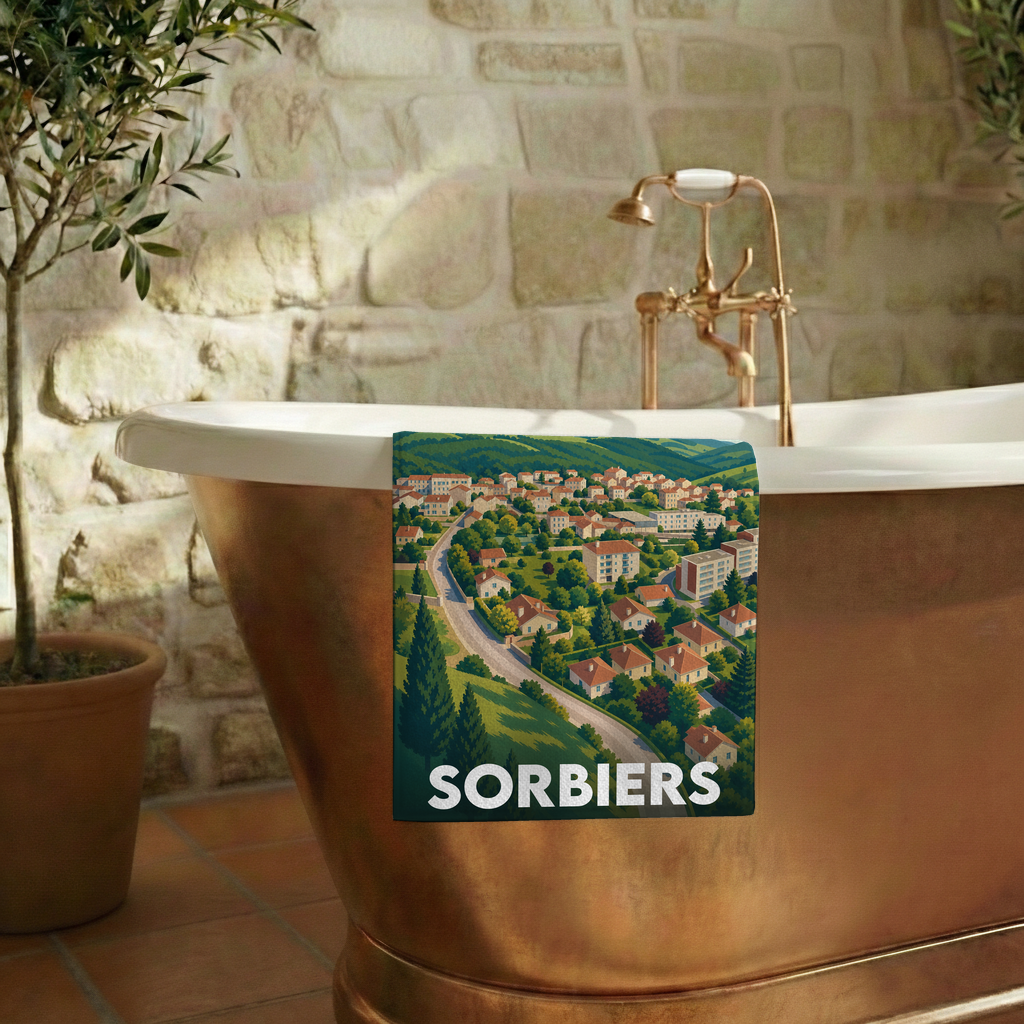 Serviette de bain souvenir de la ville de Sorbiers avec une illustration stylisée d'un paysage urbain.