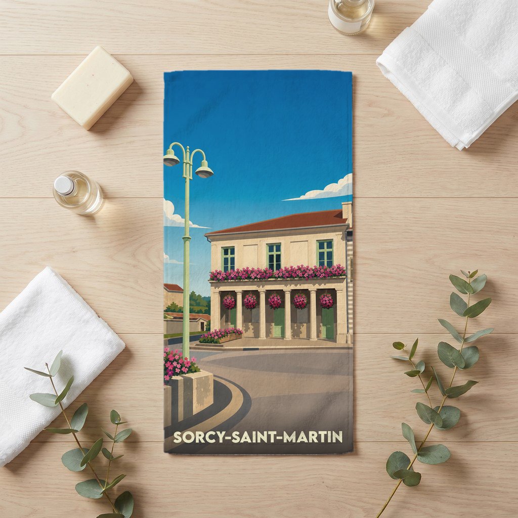 Serviette de bain souvenir de la ville de Sorcy-Saint-Martin avec une illustration stylisée d'un bâtiment fleuri.