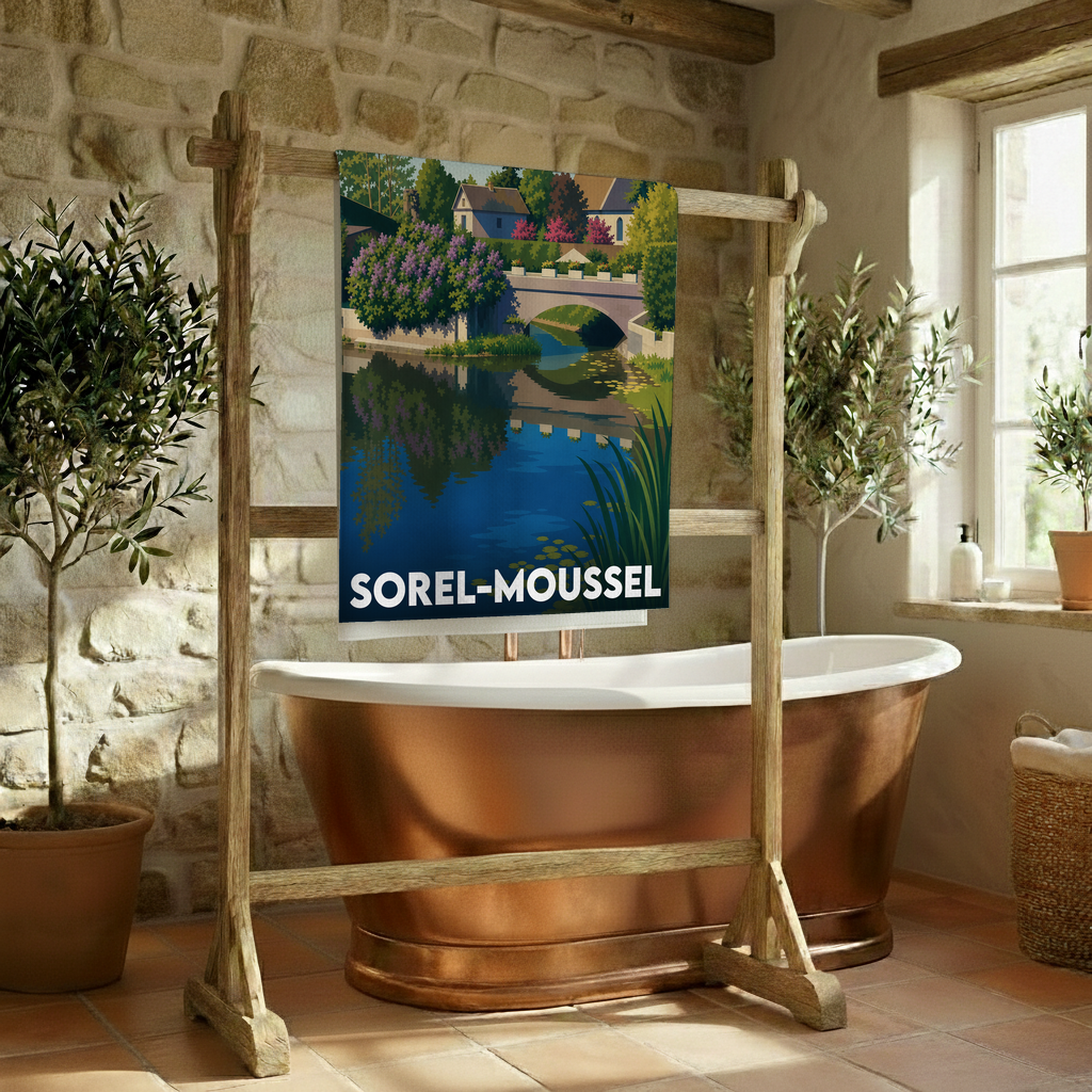 Serviette de bain souvenir de la ville de Sorel-Moussel avec une illustration paysagère stylisée.