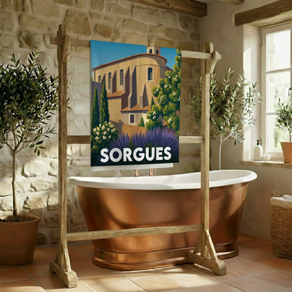 Serviette de bain souvenir de la ville de Sorgues avec une illustration stylisée.