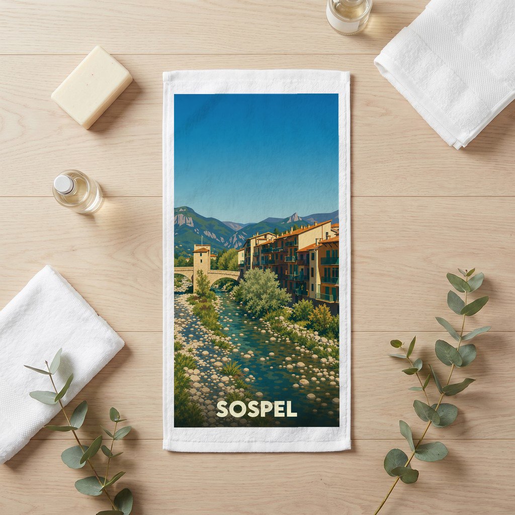 Serviette de bain souvenir de la ville de Sospel avec une illustration stylisée d'un pont et d'une rivière de montagne.