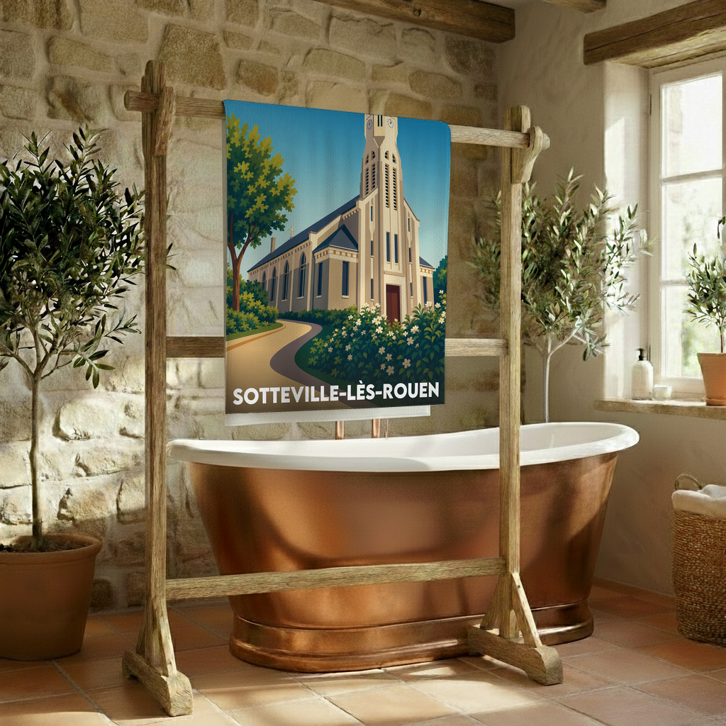 Serviette de bain souvenir de la ville de Sotteville-lès-Rouen avec une illustration stylisée de son église.