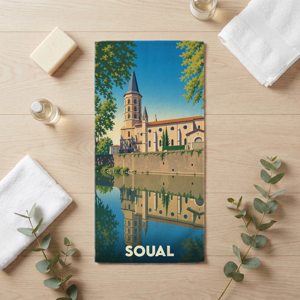 Serviette de bain souvenir de la ville de Soual avec une illustration stylisée d'une église se reflétant dans l'eau.