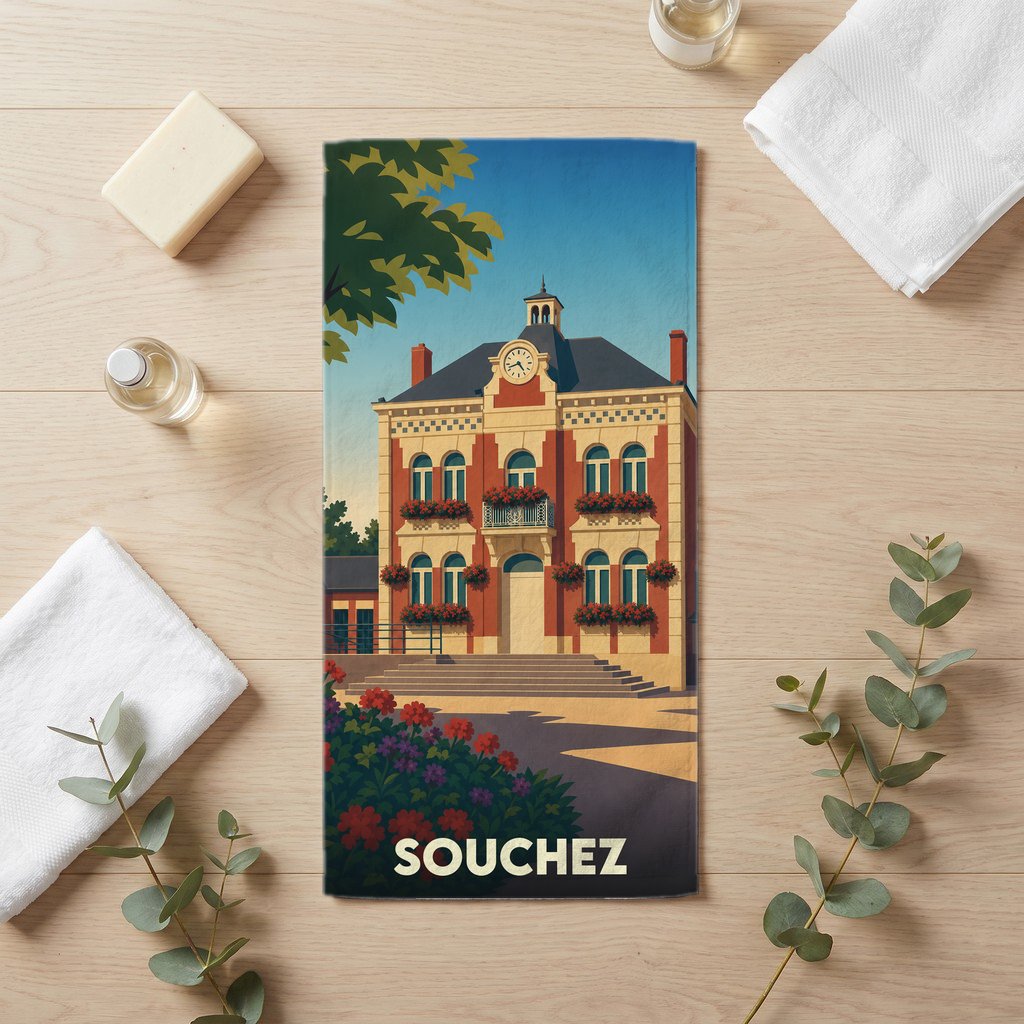 Serviette de bain souvenir de la ville de Souchez avec une illustration stylisée de sa mairie.