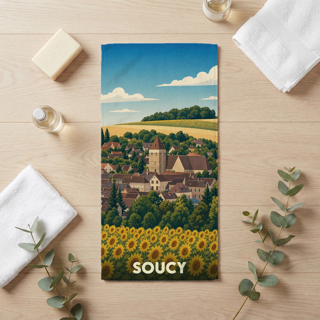 Serviette de bain souvenir de la ville de Soucy illustrée d'un paysage de campagne avec des tournesols.