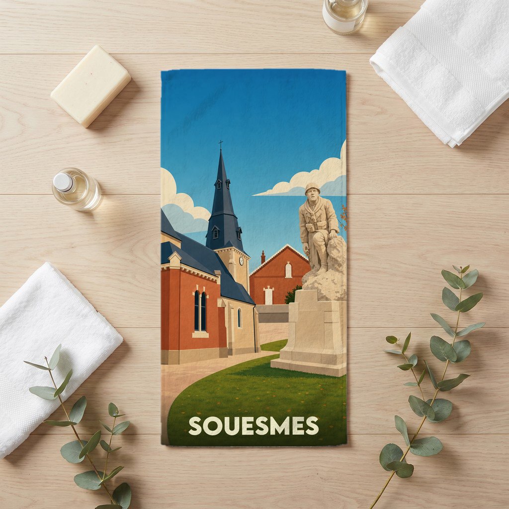 Serviette de bain souvenir de la ville de Souesmes avec une illustration stylisée d'un monument historique.