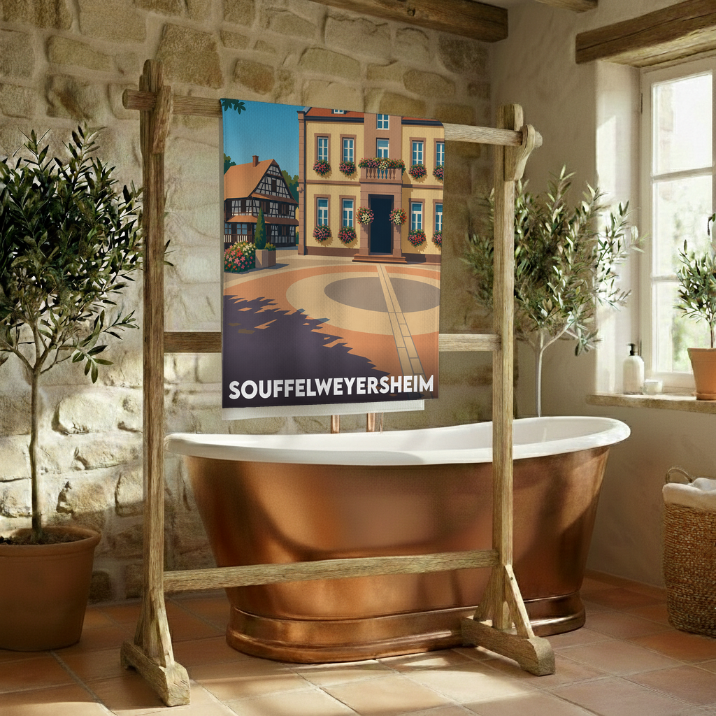Serviette de bain souvenir de la ville de Souffelweyersheim avec une illustration stylisée.