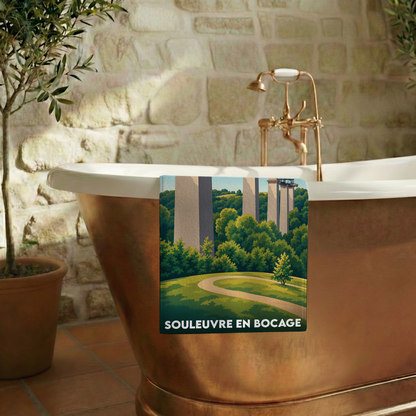 Serviette de bain souvenir de la ville de Souleuvre en Bocage avec une illustration stylisée du viaduc.