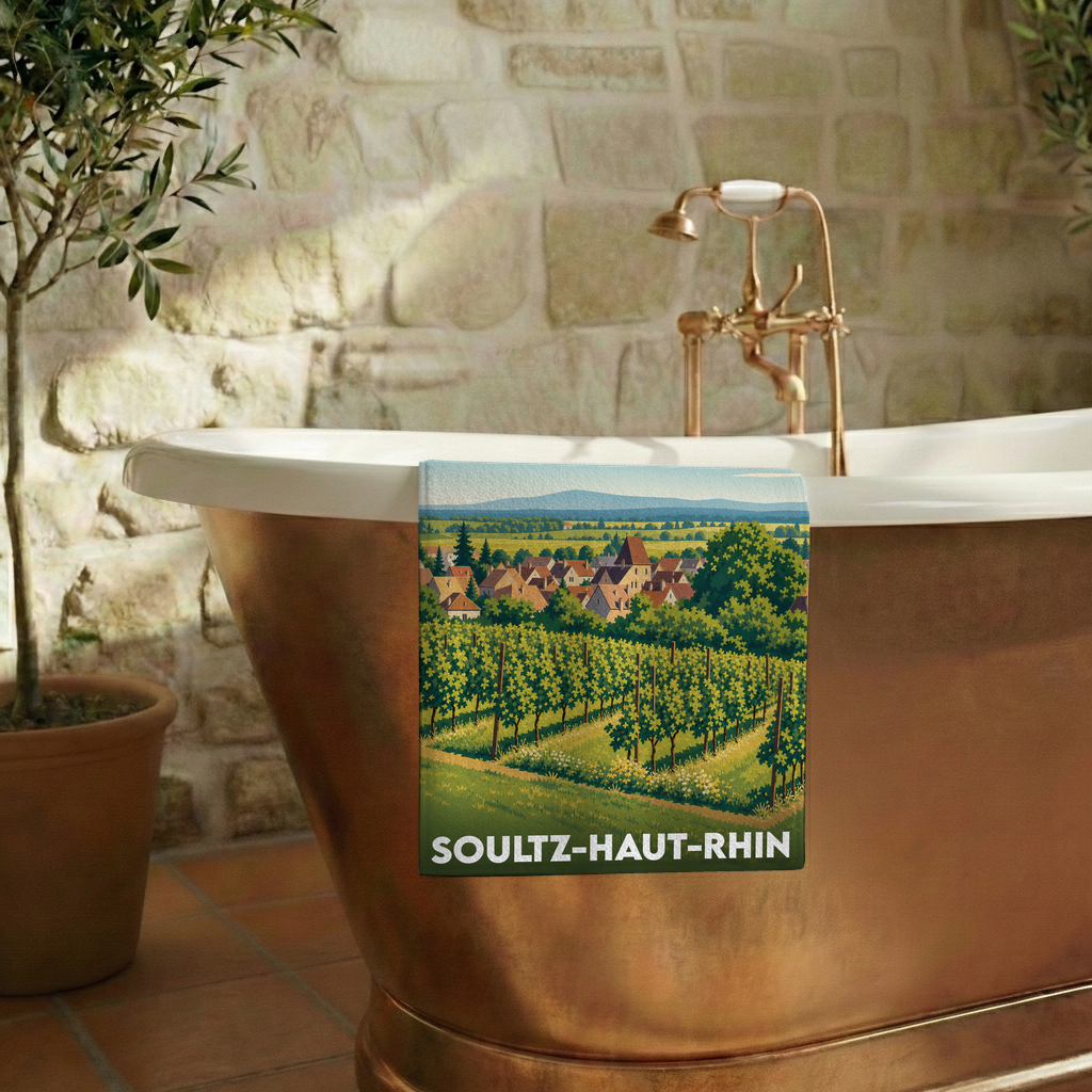 Serviette de bain souvenir de la ville de Soultz-Haut-Rhin avec une illustration stylisée de vignobles.