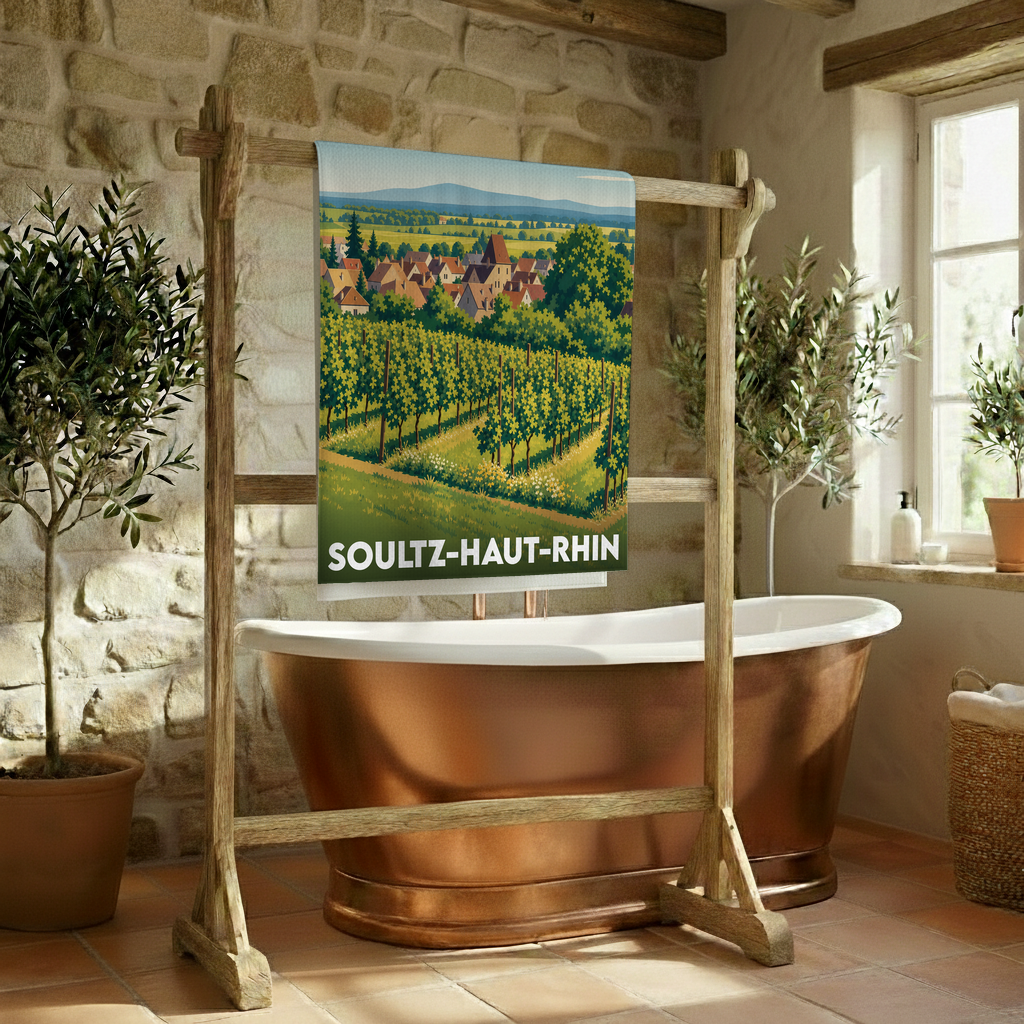 Serviette de bain souvenir de Soultz-Haut-Rhin illustrée par un paysage de vignobles et de village alsacien stylisé.