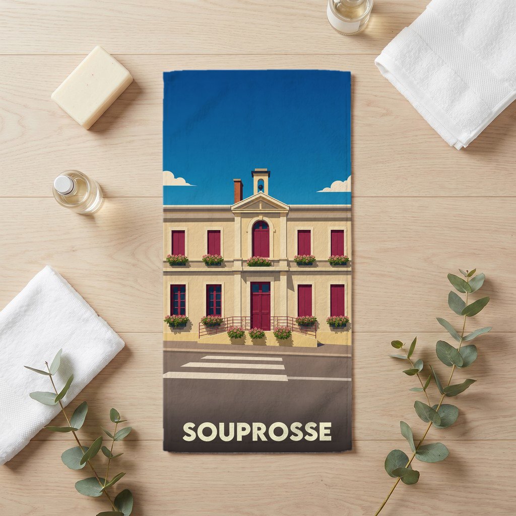 Serviette de bain souvenir de la ville de Souprosse avec une illustration stylisée de sa mairie.