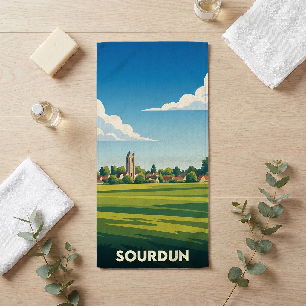 Serviette de bain souvenir de la ville de Sourdun avec une illustration stylisée d'un paysage champêtre.
