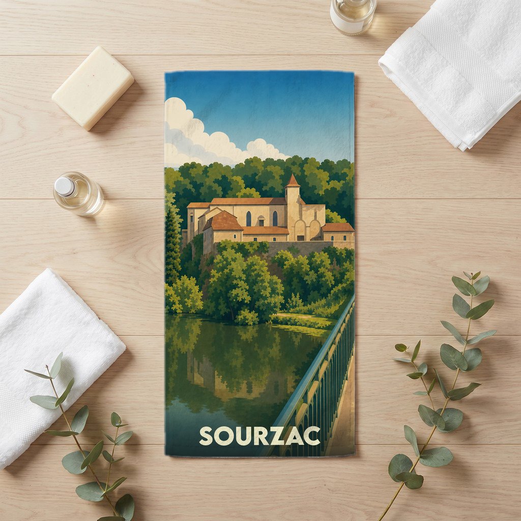 Serviette de bain souvenir de la ville de Sourzac avec une illustration stylisée d'un château au bord de l'eau.