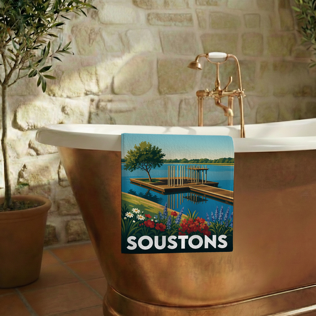 Serviette de bain souvenir de la ville de Soustons avec une illustration stylisée.