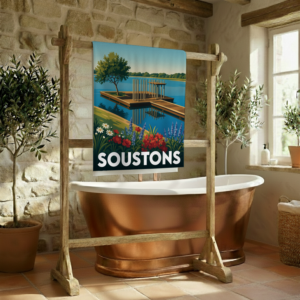 Serviette de bain souvenir de la ville de Soustons avec une illustration stylisée d'un ponton sur le lac.