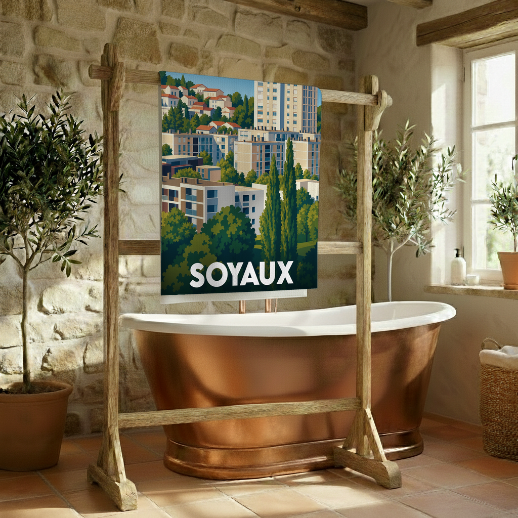 Serviette de bain souvenir de la ville de Soyaux avec une illustration stylisée de ses immeubles et de sa végétation.