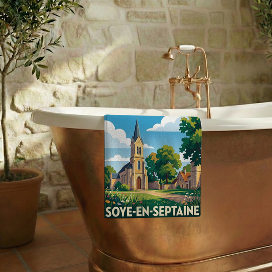 Serviette de bain souvenir de la ville de Soye-en-Septaine avec une illustration stylisée.