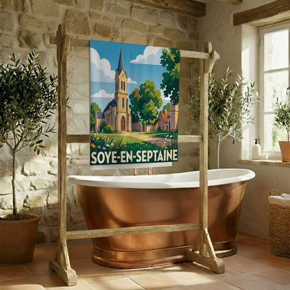Serviette de bain souvenir de la ville de Soye-en-Septaine avec une illustration stylisée.