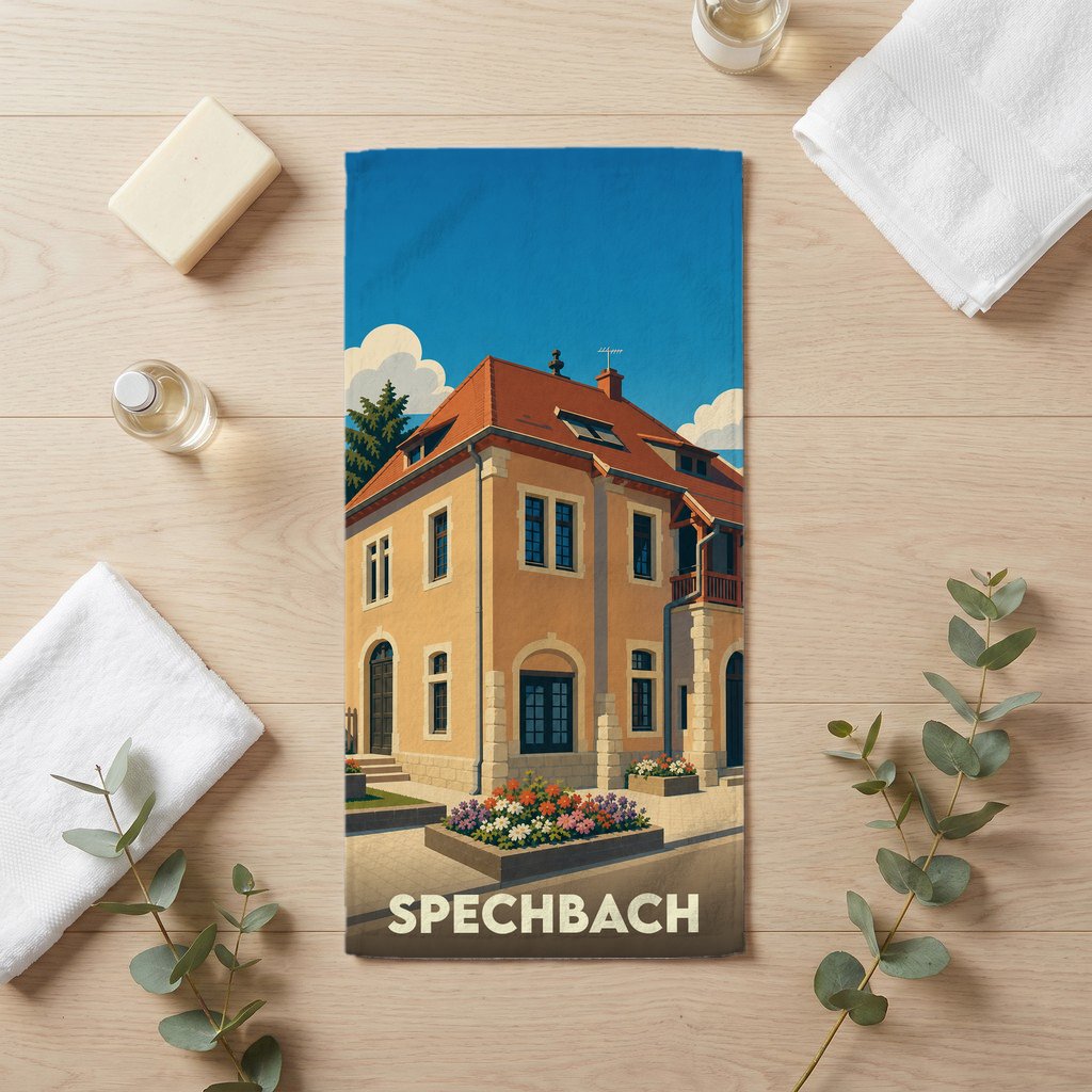 Serviette de bain souvenir de la ville de Spechbach avec une illustration stylisée d'un bâtiment traditionnel.