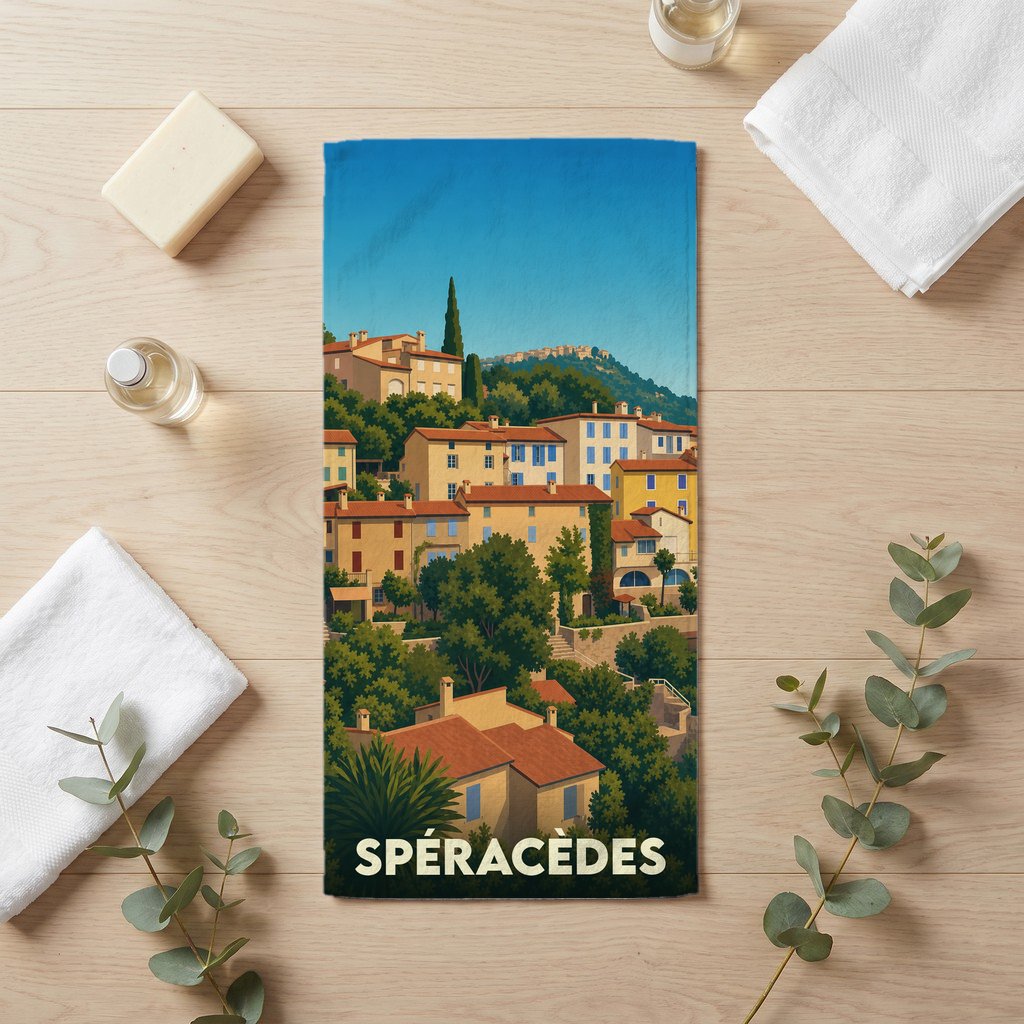 Serviette de bain souvenir de la ville de Spéracèdes avec une illustration stylisée.