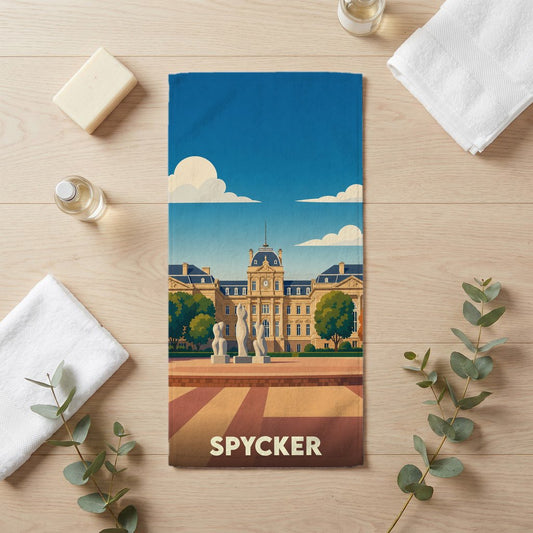 Serviette de bain souvenir de la ville de Spycker avec une illustration stylisée d'un monument historique.