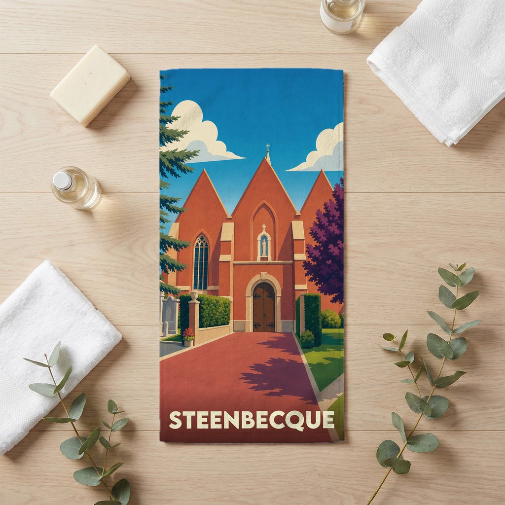 Serviette de bain souvenir de la ville de Steenbecque avec une illustration stylisée d'une église.