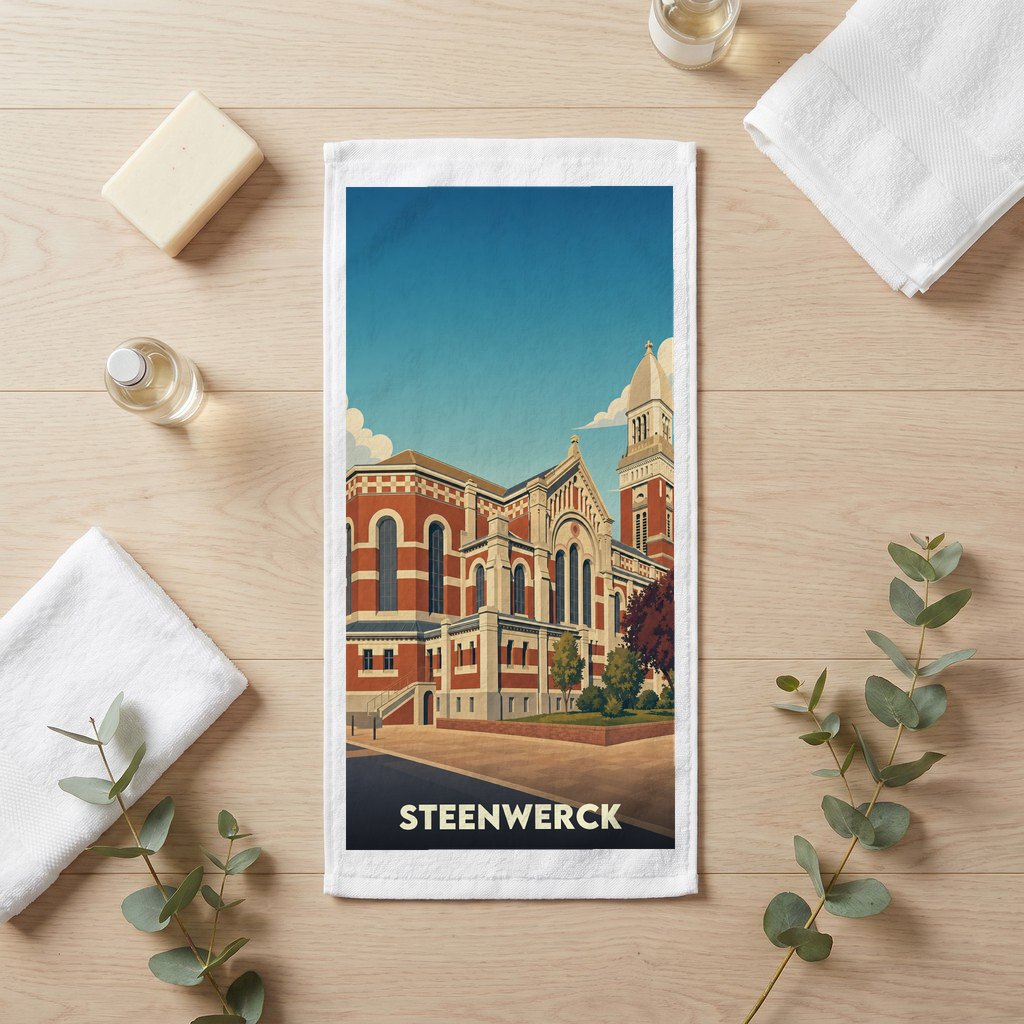 Serviette de bain souvenir de la ville de Steenwerck avec une illustration stylisée de son architecture.