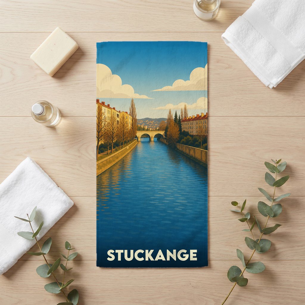 Serviette de bain souvenir de la ville de Stuckange illustrée d'un canal et d'un pont dans un style vintage.